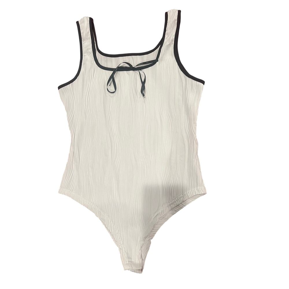 White Ribbed Bodysuit‎ Black Trim Scoop Neck Size L streetwear Coquette Y2K